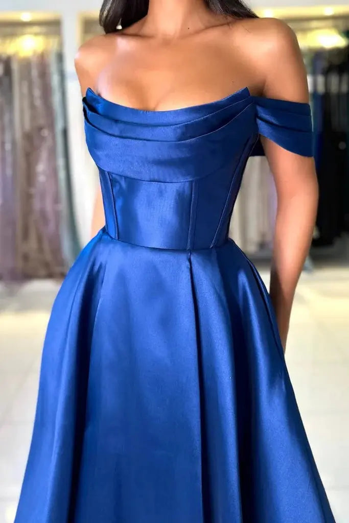 Royal Blue Satin Off Shoulder A-Line Prom Dress With Pockets