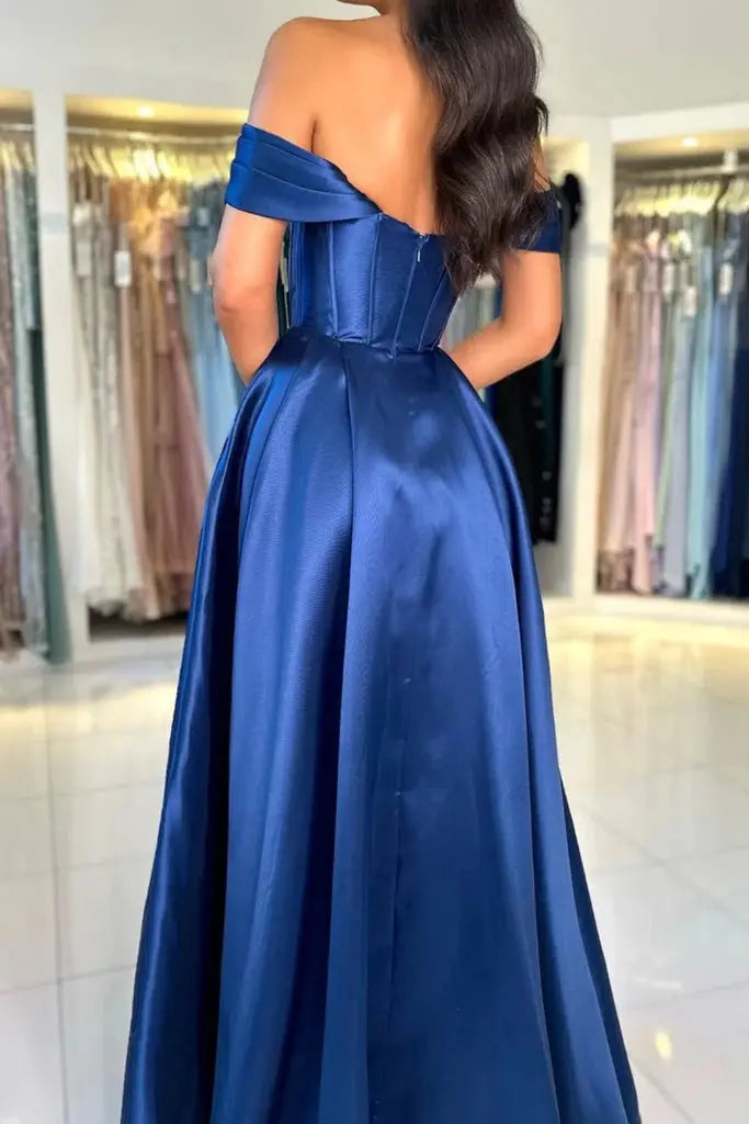 Royal Blue Satin Off Shoulder A-Line Prom Dress With Pockets