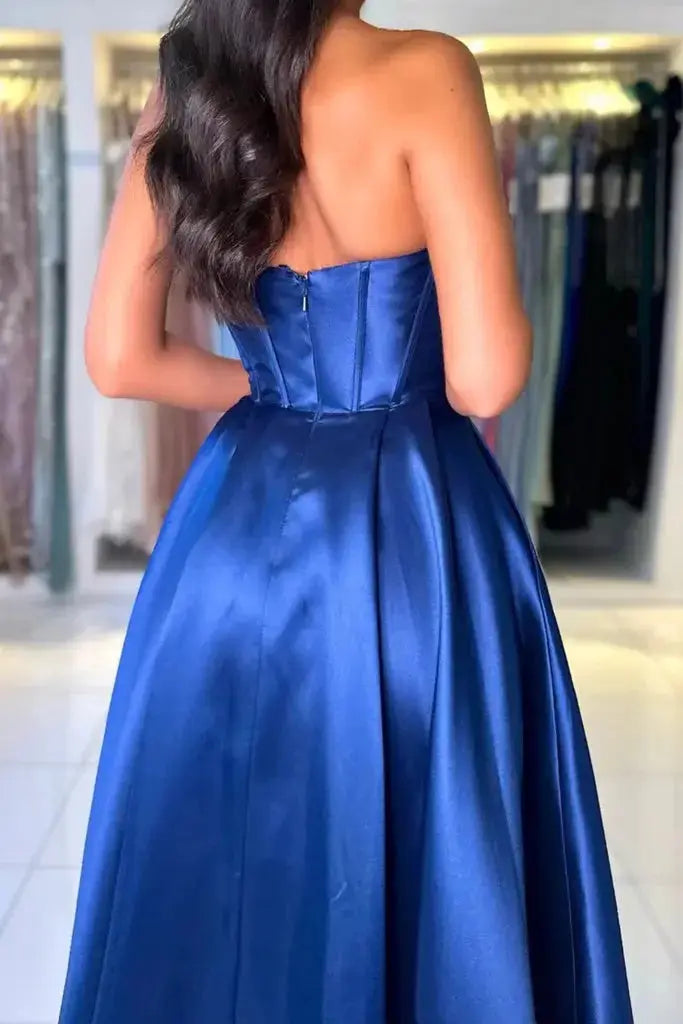 Royal Blue Satin Off Shoulder A-Line Prom Dress With Pockets