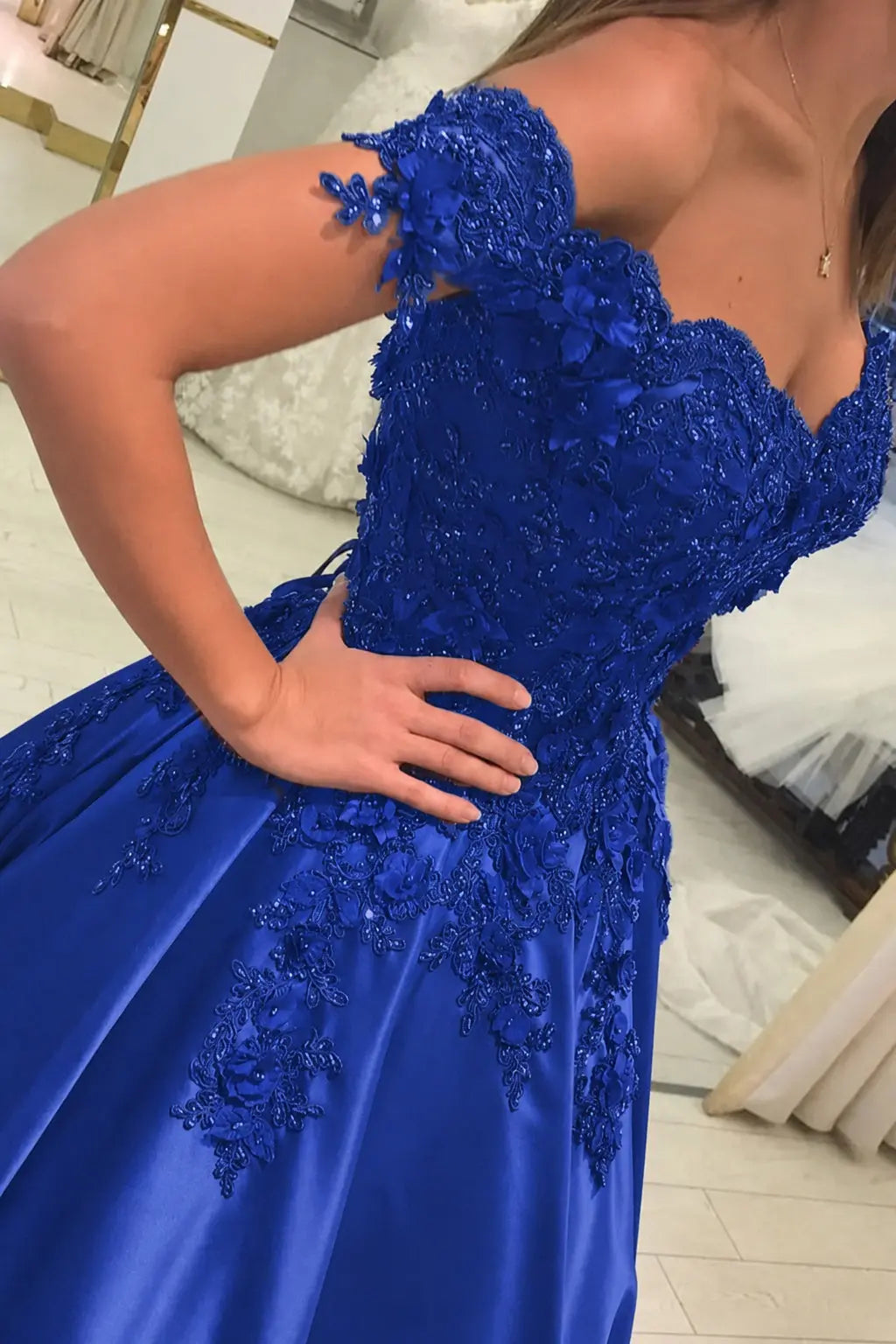 Appliqued Off-The-Shoulder Satin Princess Prom Dress With Beads