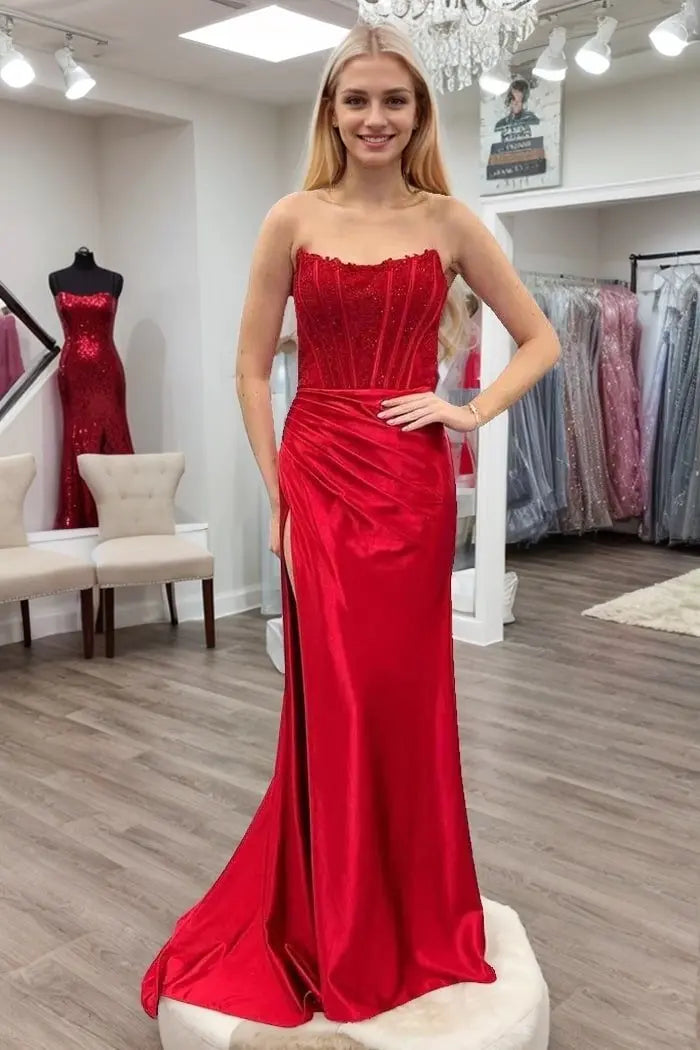 Royal Blue Satin Strapless Lace Corset Prom Dress with Thigh-High Slit