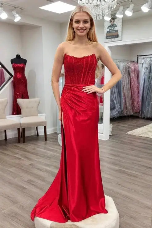 Royal Blue Satin Strapless Lace Corset Prom Dress with Thigh-High Slit