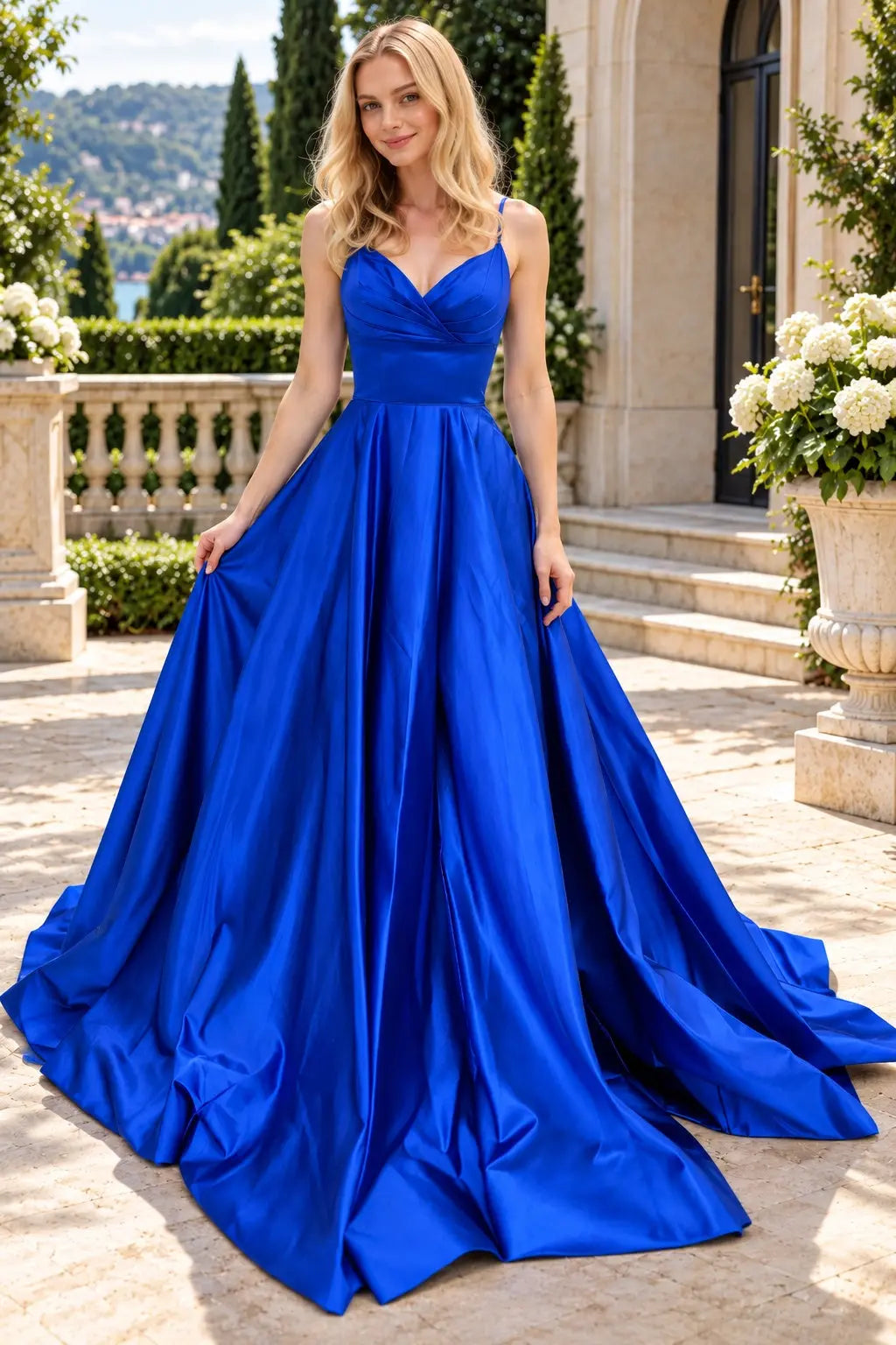 Royal Blue Satin V-Neck Prom Dress with Large Back Bow and Court Train