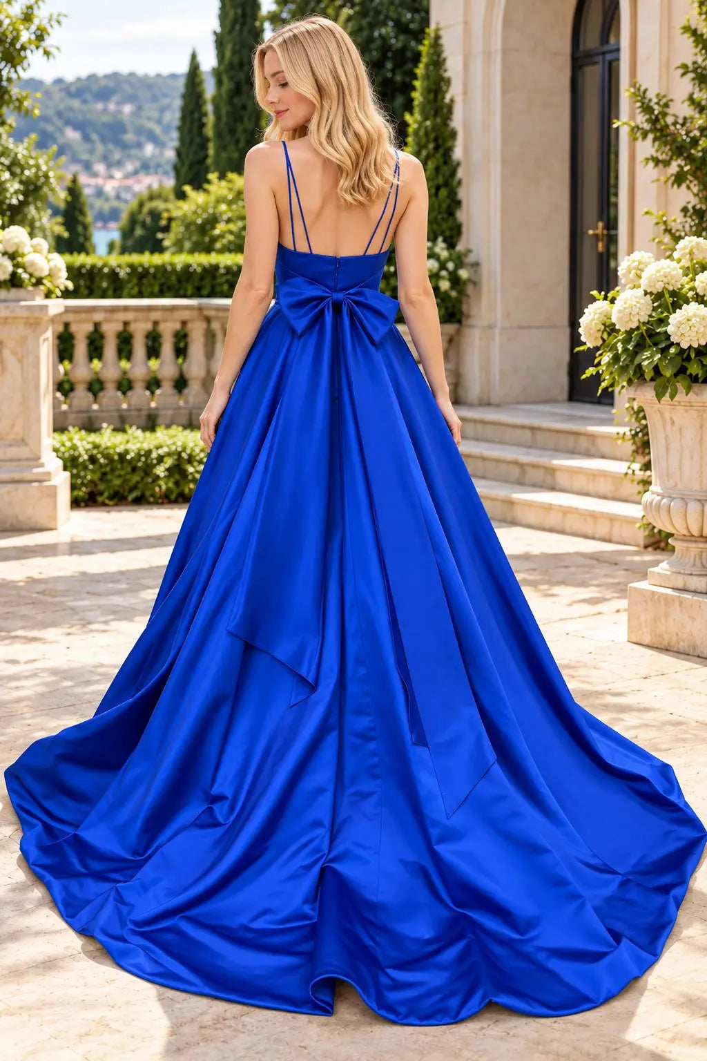 Royal Blue Satin V-Neck Prom Dress with Large Back Bow and Court Train