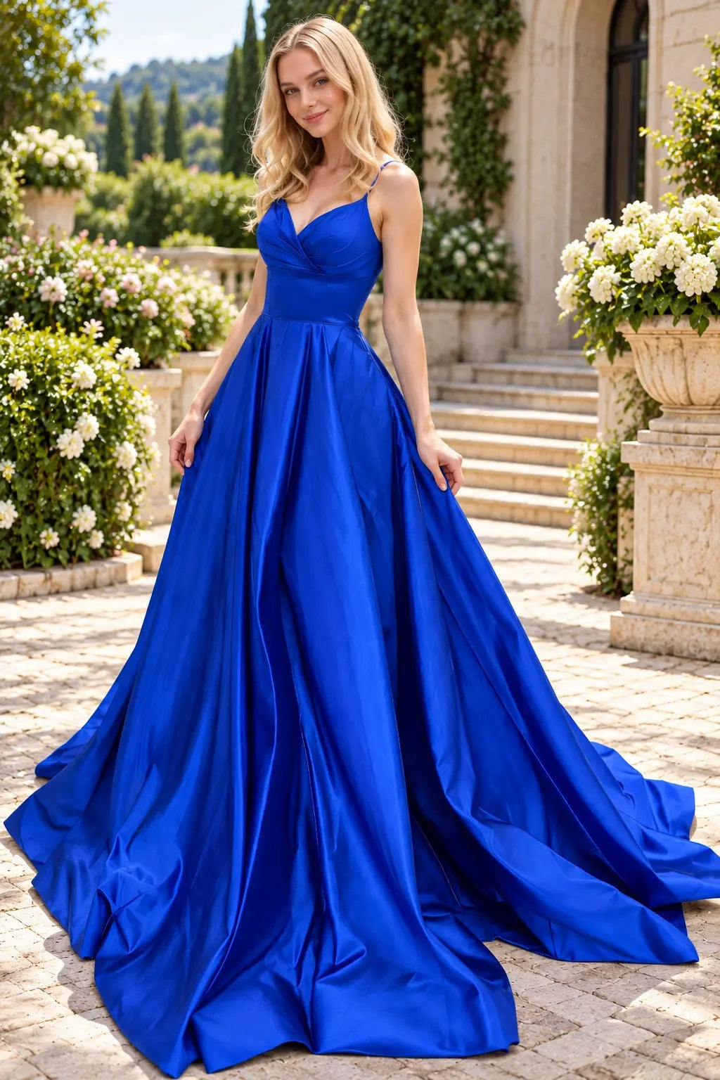 Royal Blue Satin V-Neck Prom Dress with Large Back Bow and Court Train