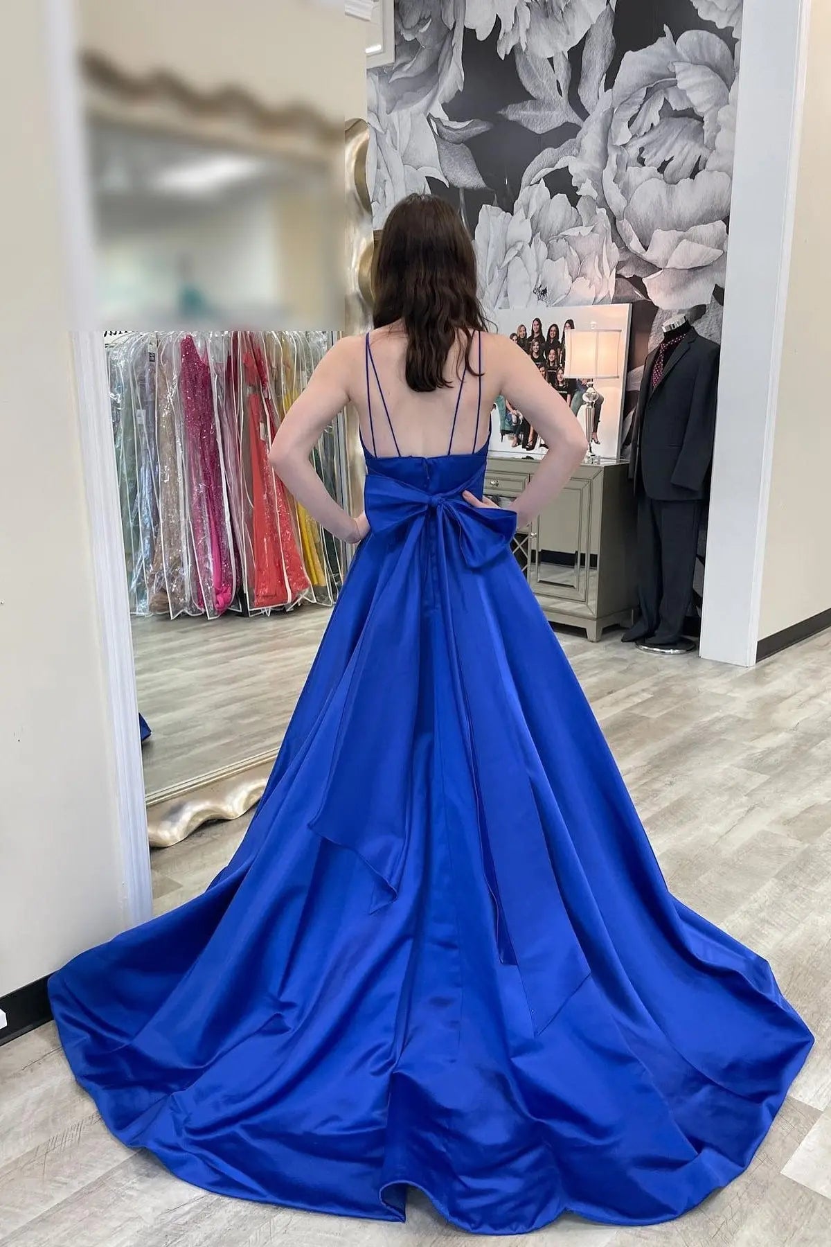 Royal Blue Satin V-Neck Prom Dress with Large Back Bow and Court Train