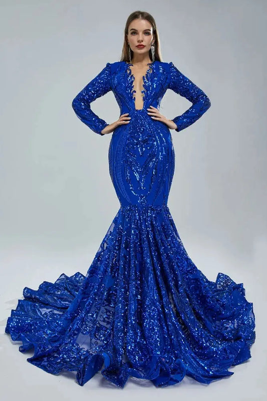 Royal Blue Sequin Mermaid Prom Dress with Long Sleeves & Corset Bodice