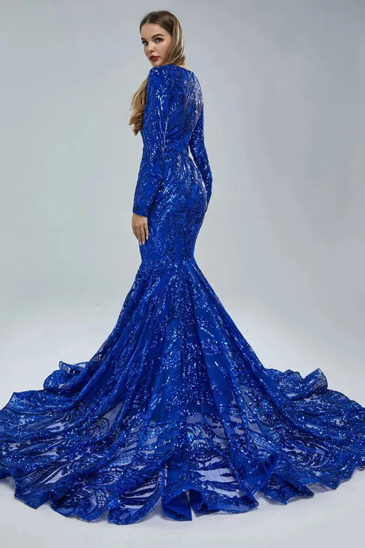Royal Blue Sequin Mermaid Prom Dress with Long Sleeves & Corset Bodice