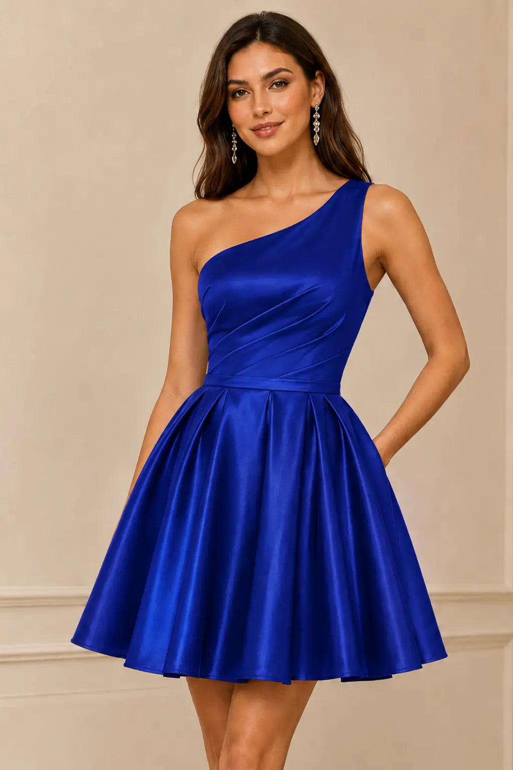 Green One Shoulder Satin Mini A Line Homecoming Dress With Pockets KAIDRESS