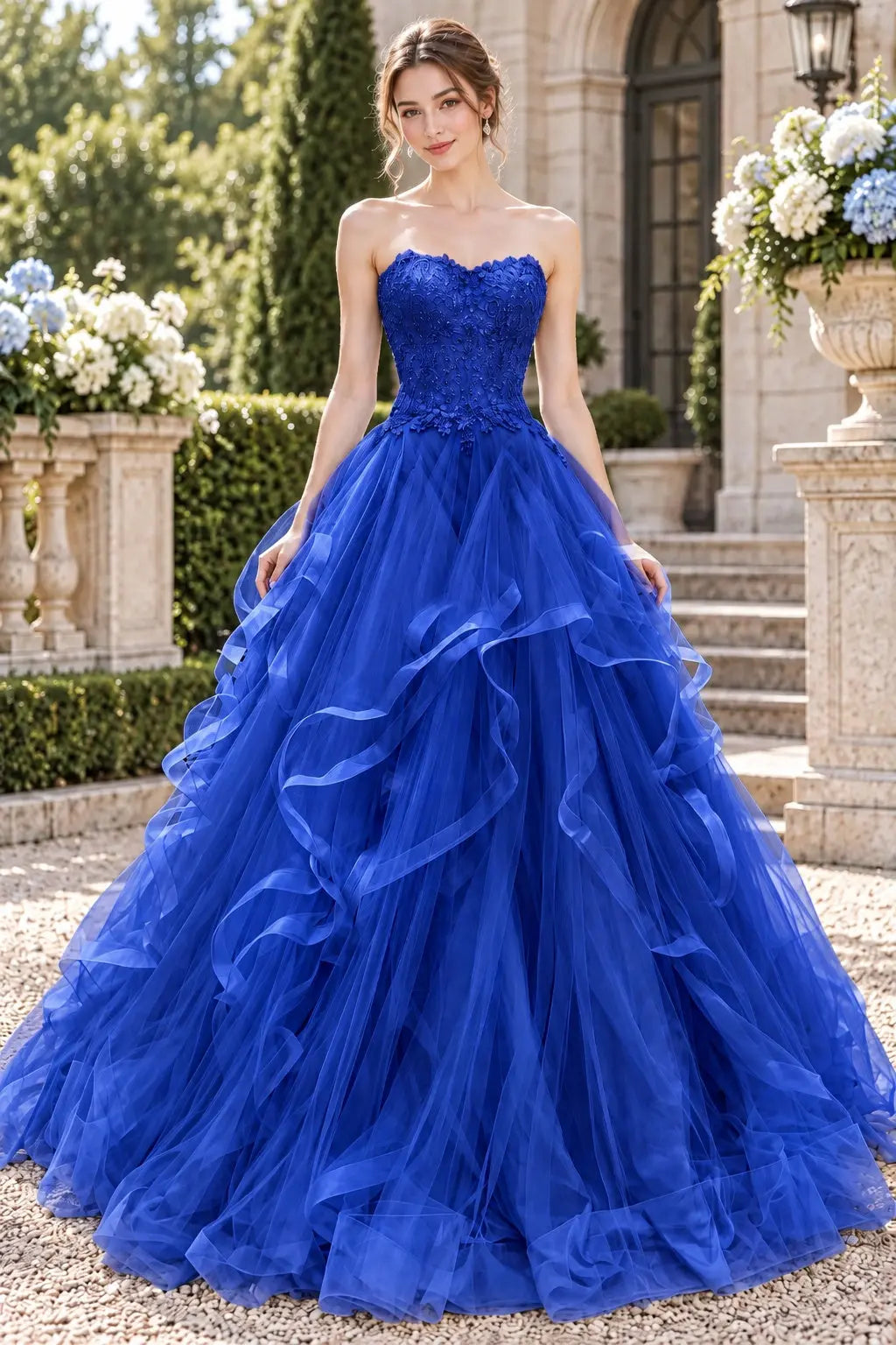Blue Tulle Lace Long Prom Dresses Princess Layered Formal Evening Gowns