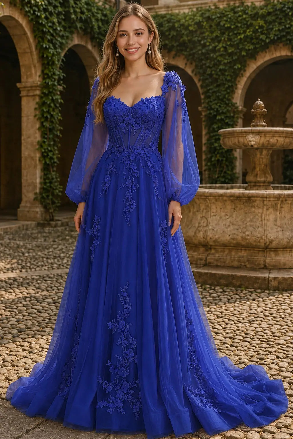 A-line 3D Floral Lace Applique Tulle Long Sleeves Prom Dress
