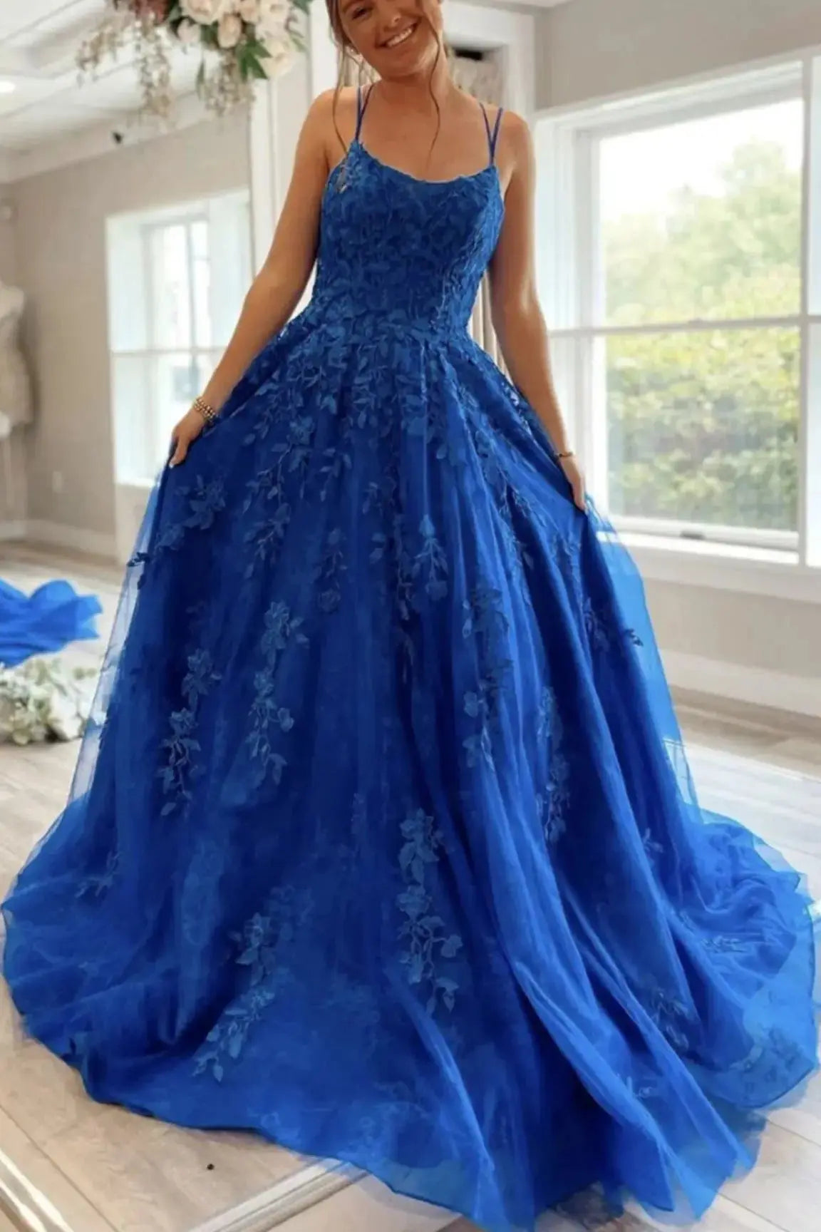 Royal Blue Tulle & Lace A-Line Prom Dress with Double Spaghetti Straps