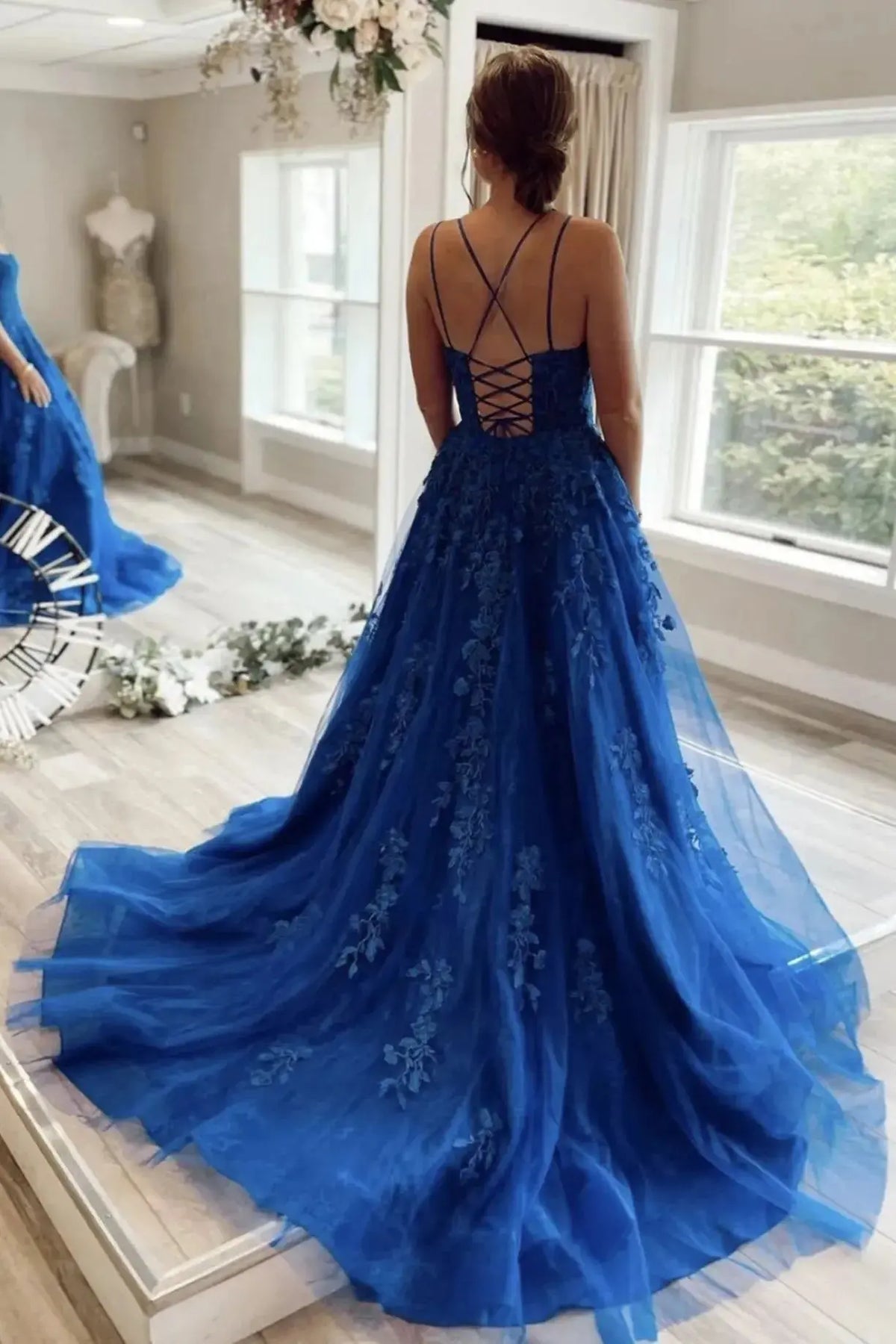 Royal Blue Tulle & Lace A-Line Prom Dress with Double Spaghetti Straps