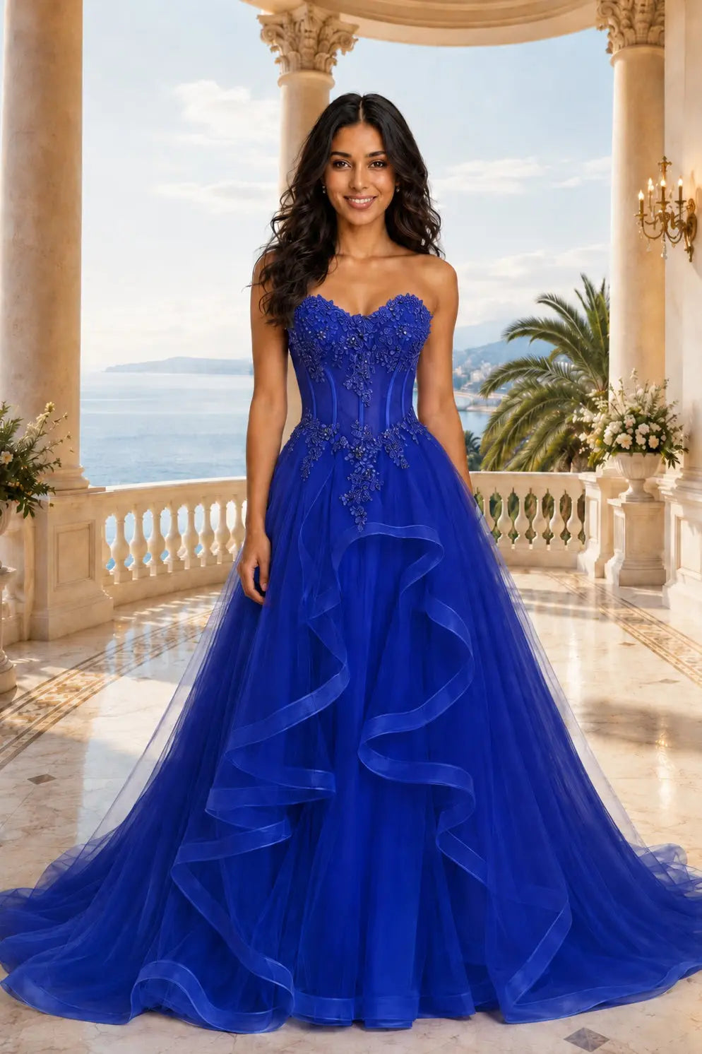 A-line/Princess Sweetheart Sleeveless Sweep Train Tulle Prom Dresses With Beading Appliqued KAIDRESS