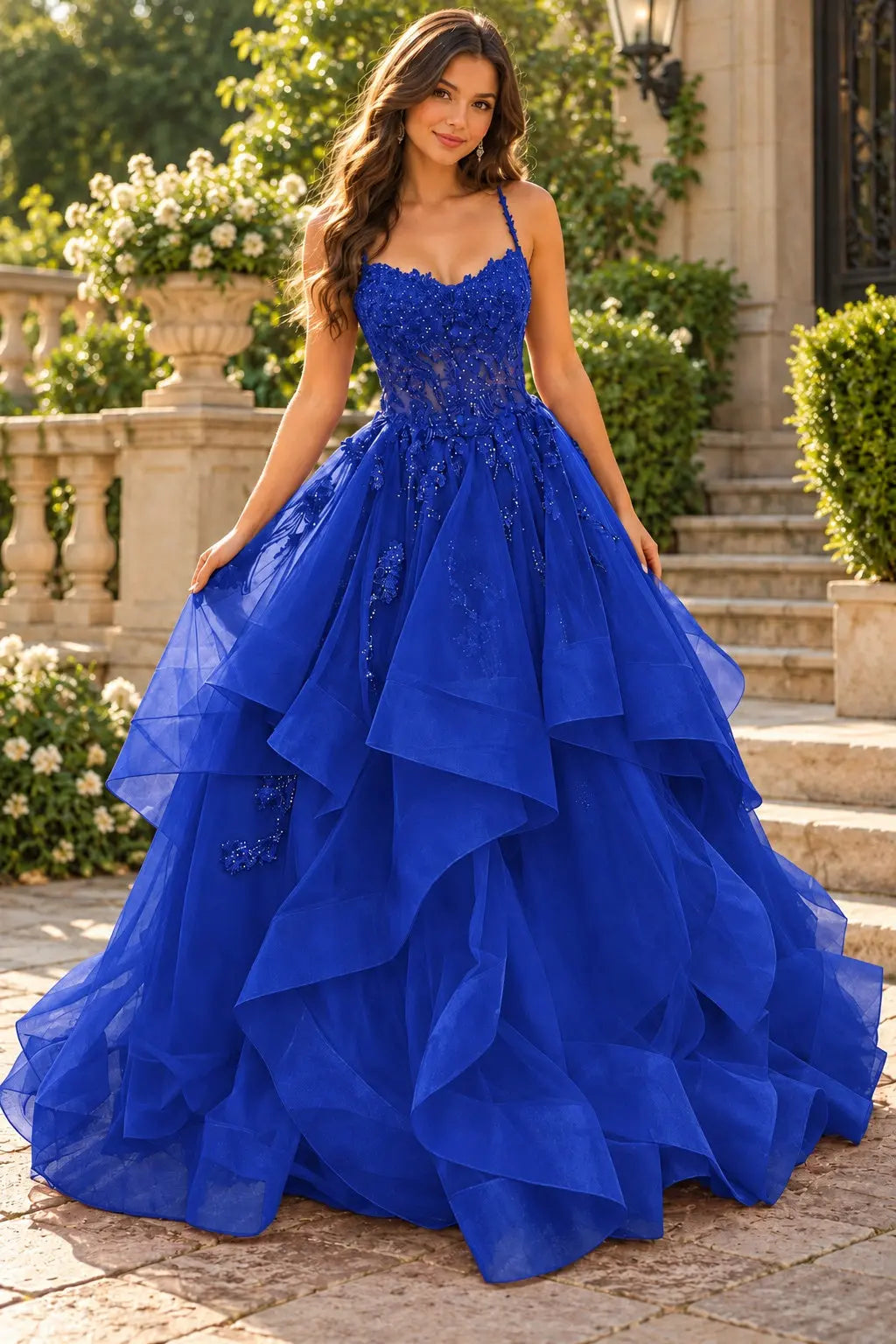 A-line Princess V Neck Floor-Length Tulle Prom Dresses with Appliqued