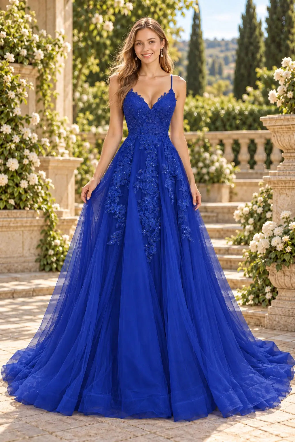 Royal Blue V-Neck Tulle Prom Dress with Lace Appliques and Sweep Train