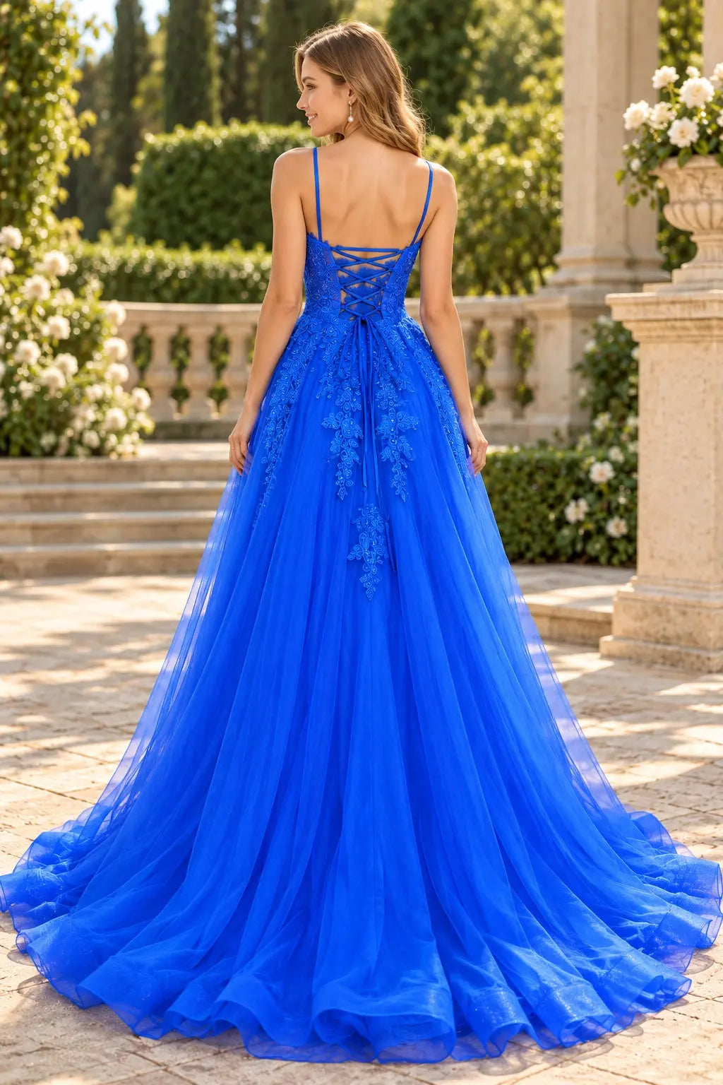 Royal Blue V-Neck Tulle Prom Dress with Lace Appliques and Sweep Train