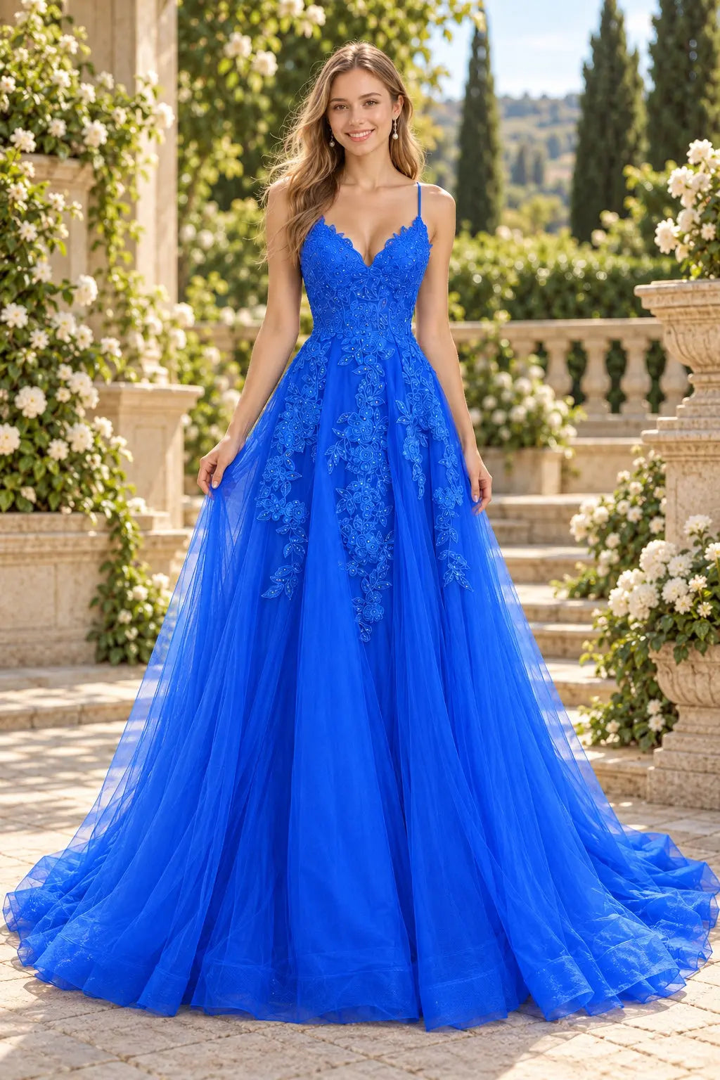 Royal Blue V-Neck Tulle Prom Dress with Lace Appliques and Sweep Train