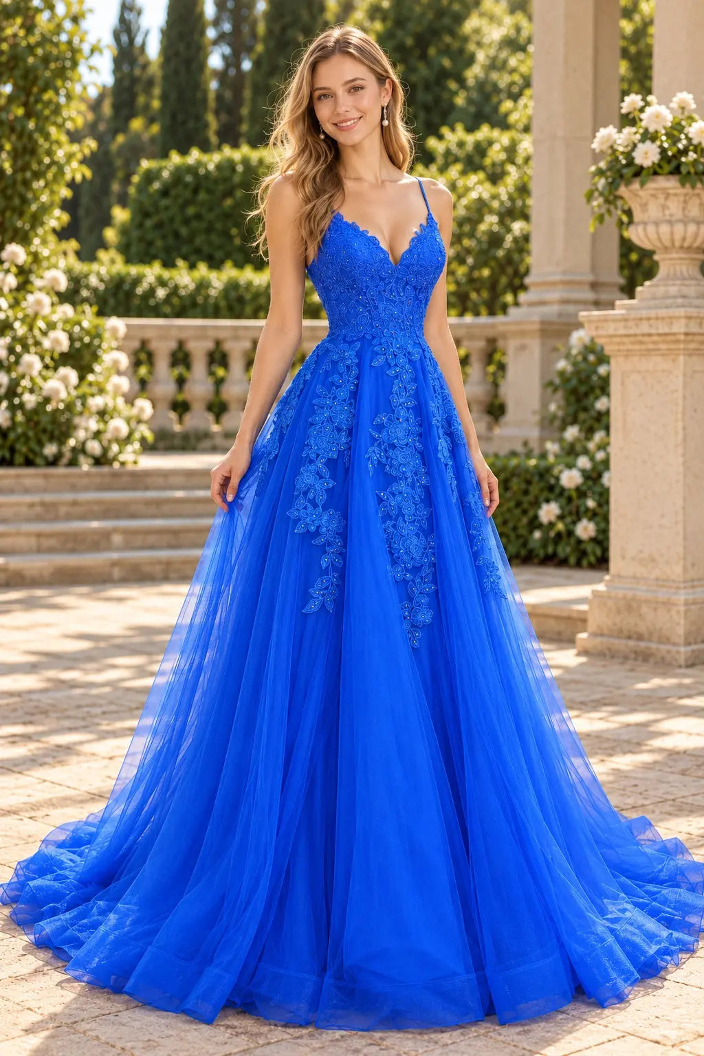 Royal Blue V-Neck Tulle Prom Dress with Lace Appliques and Sweep Train