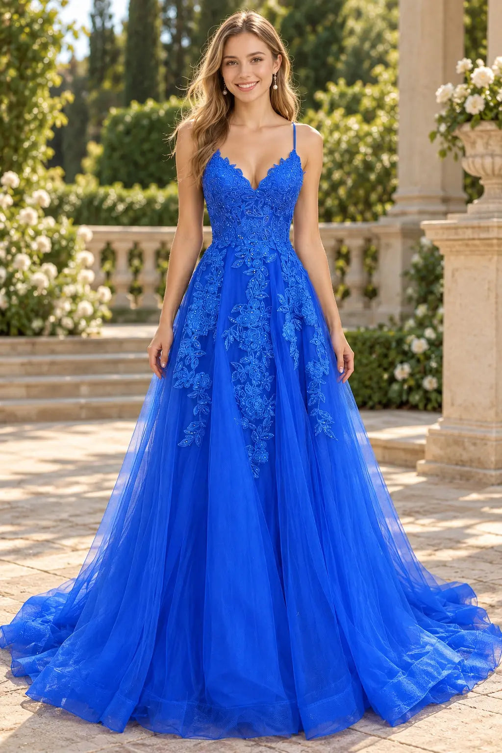 Royal Blue V-Neck Tulle Prom Dress with Lace Appliques and Sweep Train