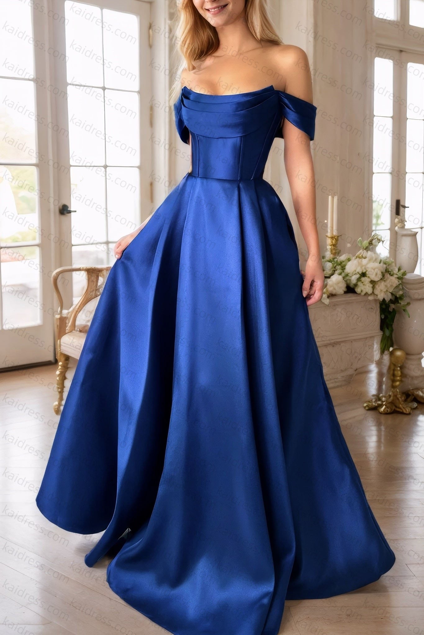 A-Line Satin Long Prom Dress, Simple Off the Shoulder Evening Party Dress With Pockets