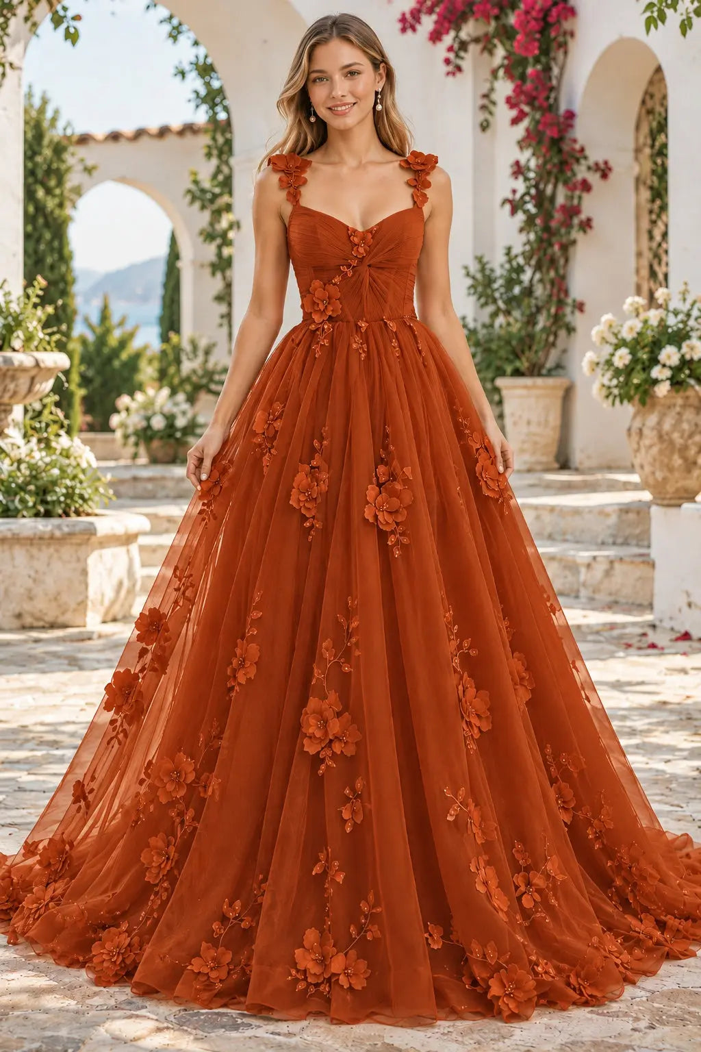 Red 3D Floral Tulle Prom Dress with Sweetheart Corset and Lace-Up Back