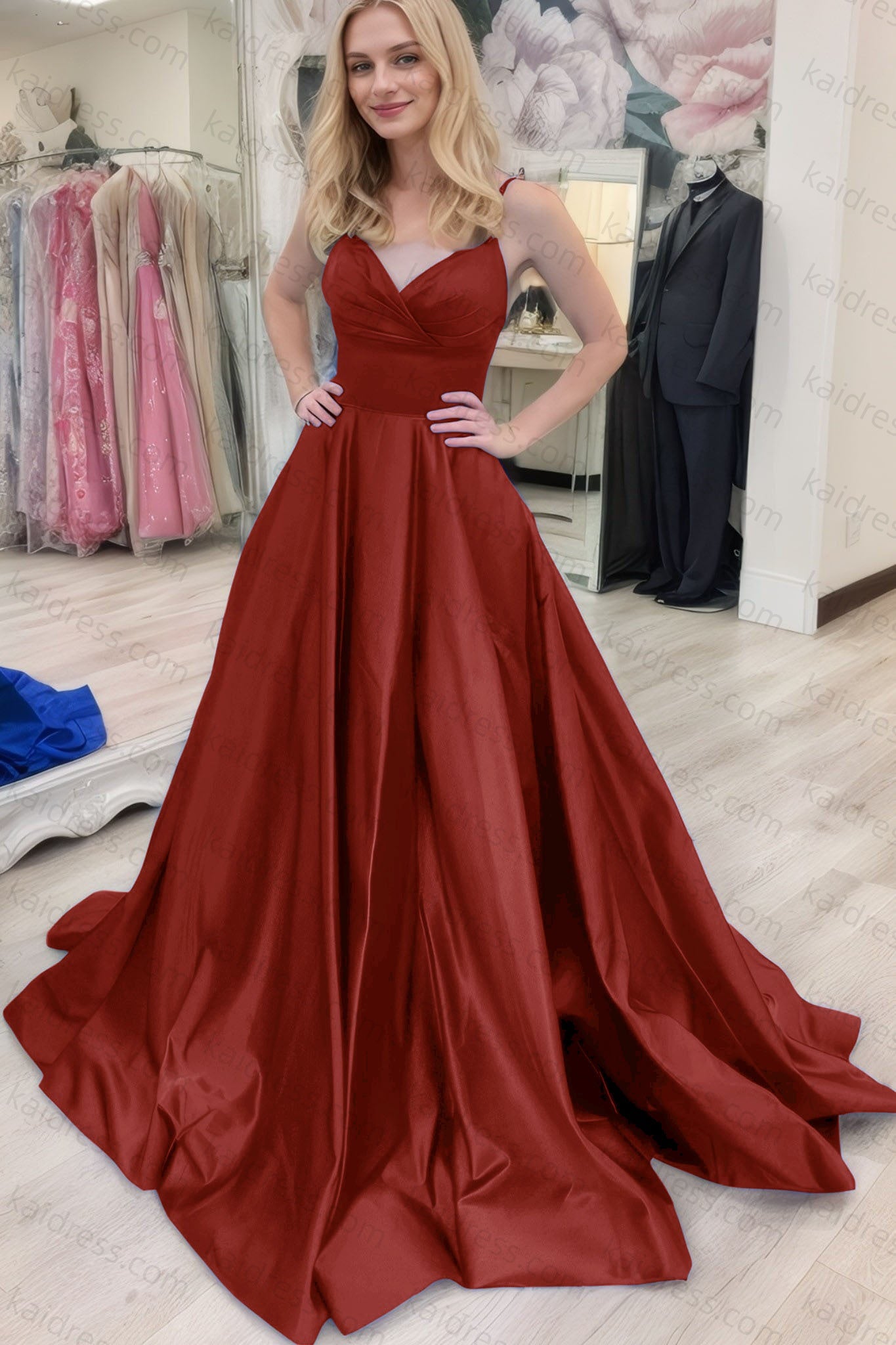 A-line V Neck Sleeveless Court Train Satin Prom Dresses With Bowknot Pleated Waistband
