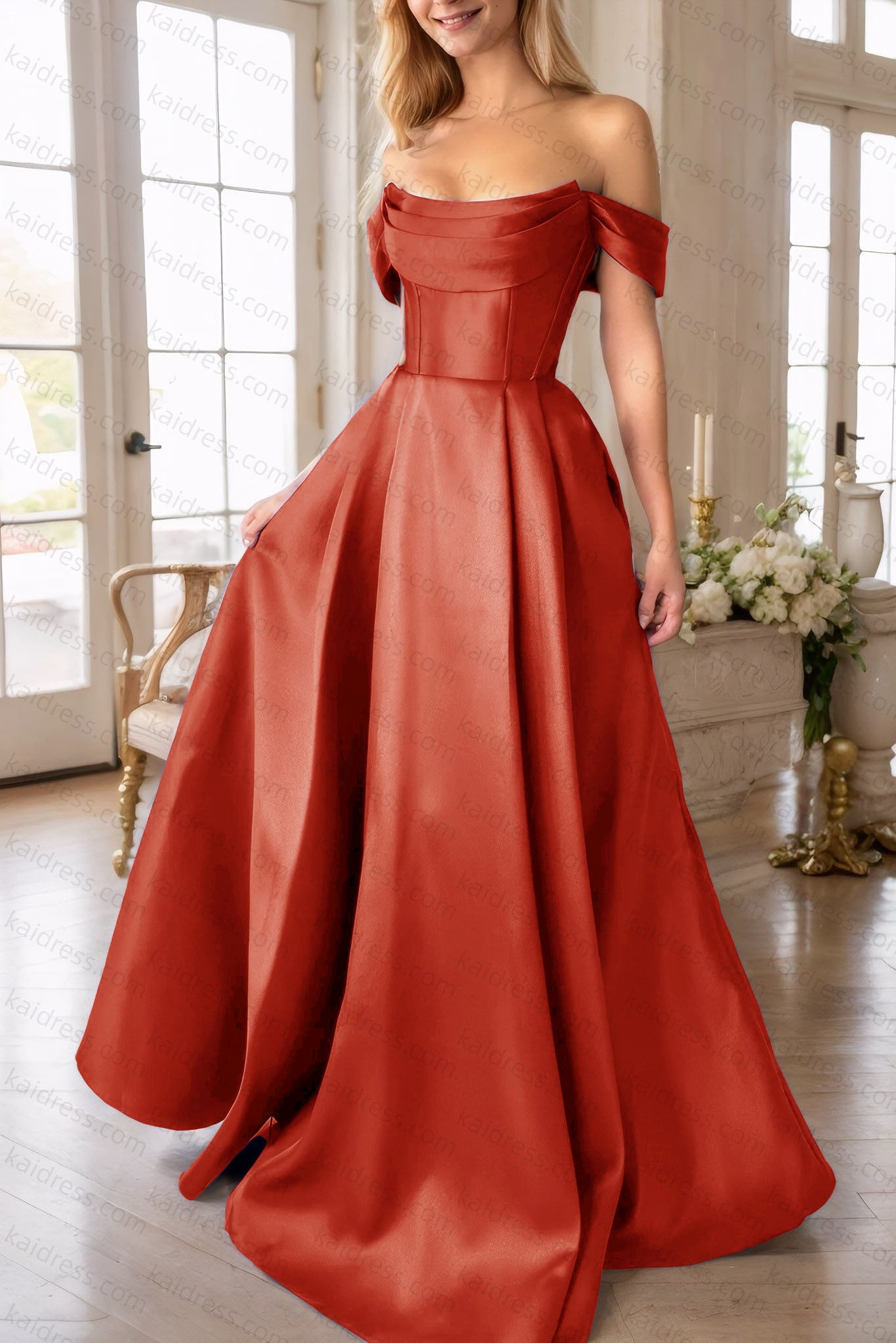 A-Line Satin Long Prom Dress, Simple Off the Shoulder Evening Party Dress With Pockets