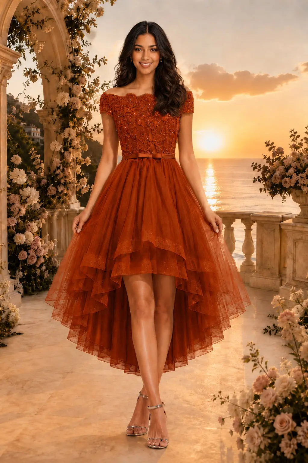Burgundy Off the Shoulder A Line Strapless Lace Tulle Asymmetrical Dress KAIDRESS