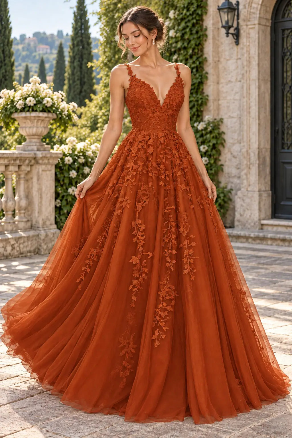 A-Line Lace Prom Dresses Long V Neck Sleeveless Formal Maxi Dress