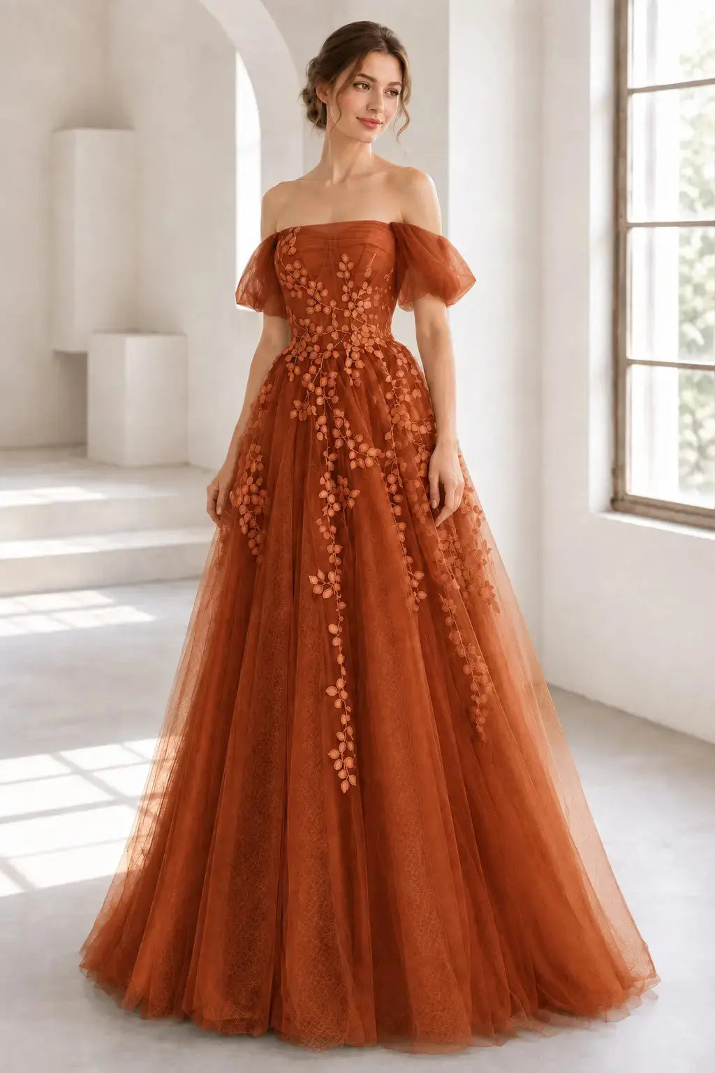 A-Line Tulle Lace Long Prom Dress Off the Shoulder Formal Evening Dress KAIDRESS