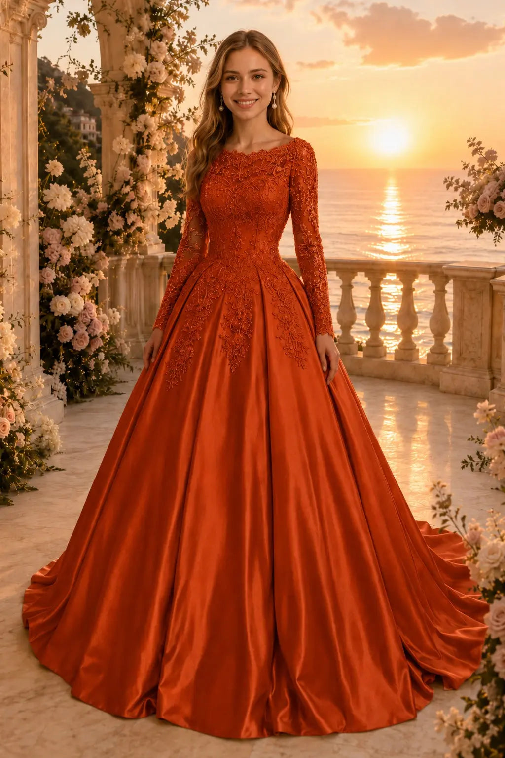 Ball Gown Long Sleeves Off-the-Shoulder Chapel Train Applique Satin Prom Dresses Kaidress