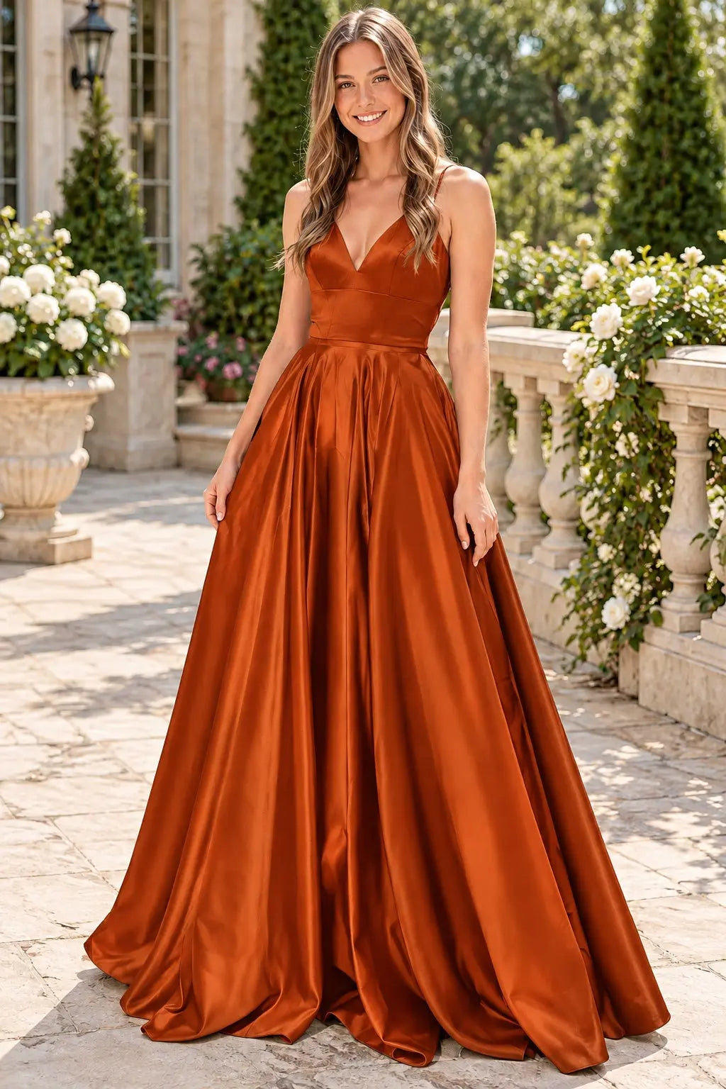 Satin Green Simple Prom Dresses Princess Long V Neck Formal Evening Gowns