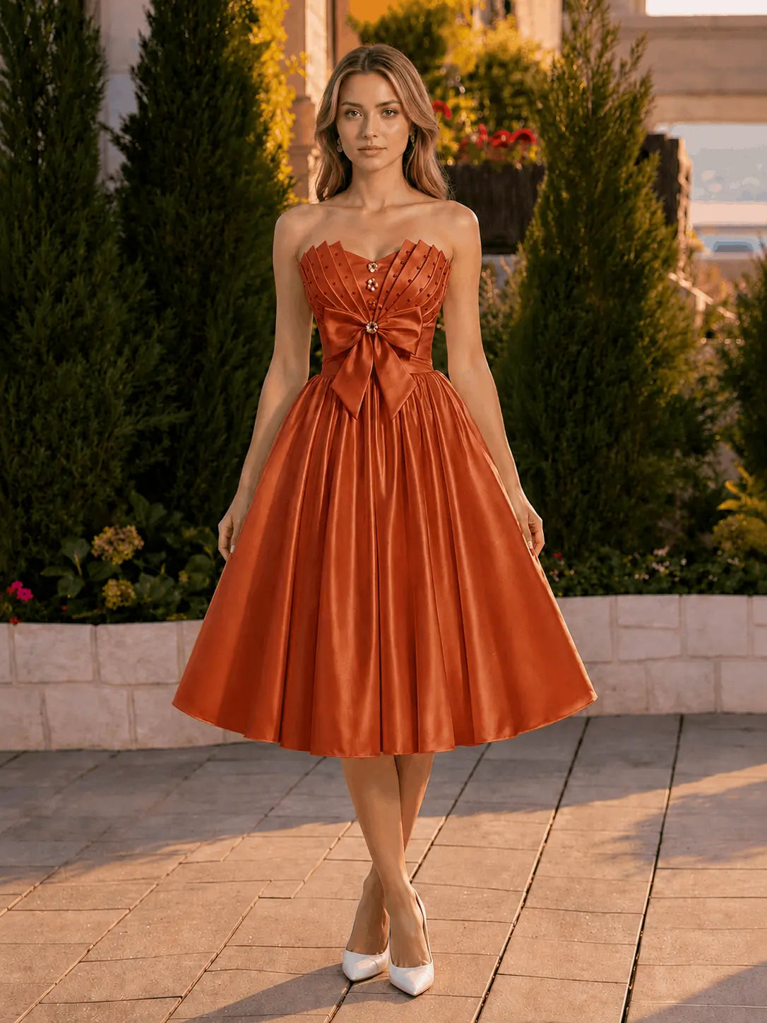 A-line Sweetheart Sleeveless Knee-Length Satin Homecoming Dress with Bow KAIDRESS