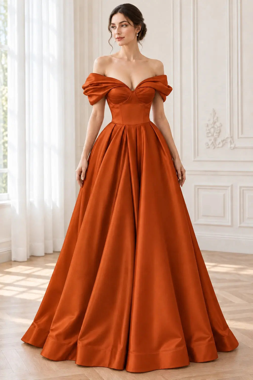 A-line Off-the-Shoulder Short Sleeve Satin Long/Floor-Length Prom Dresses With Ruffles Split