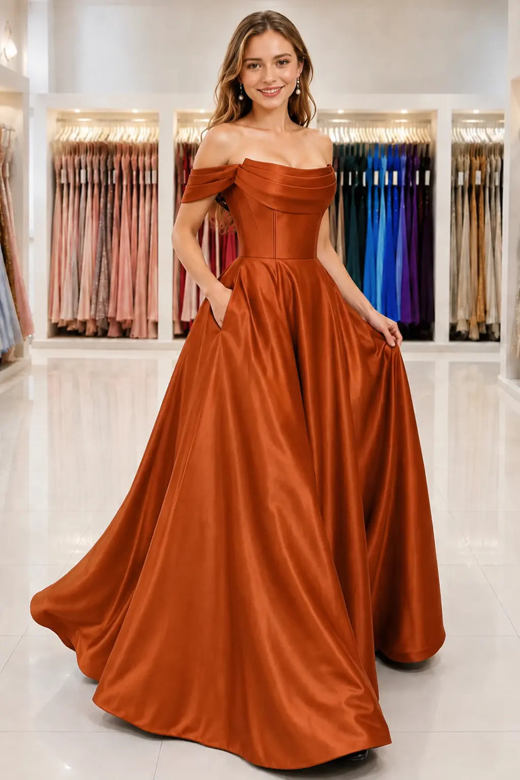 A-Line Satin Long Prom Dress, Simple Off the Shoulder Evening Party Dress With Pockets KAIDRESS