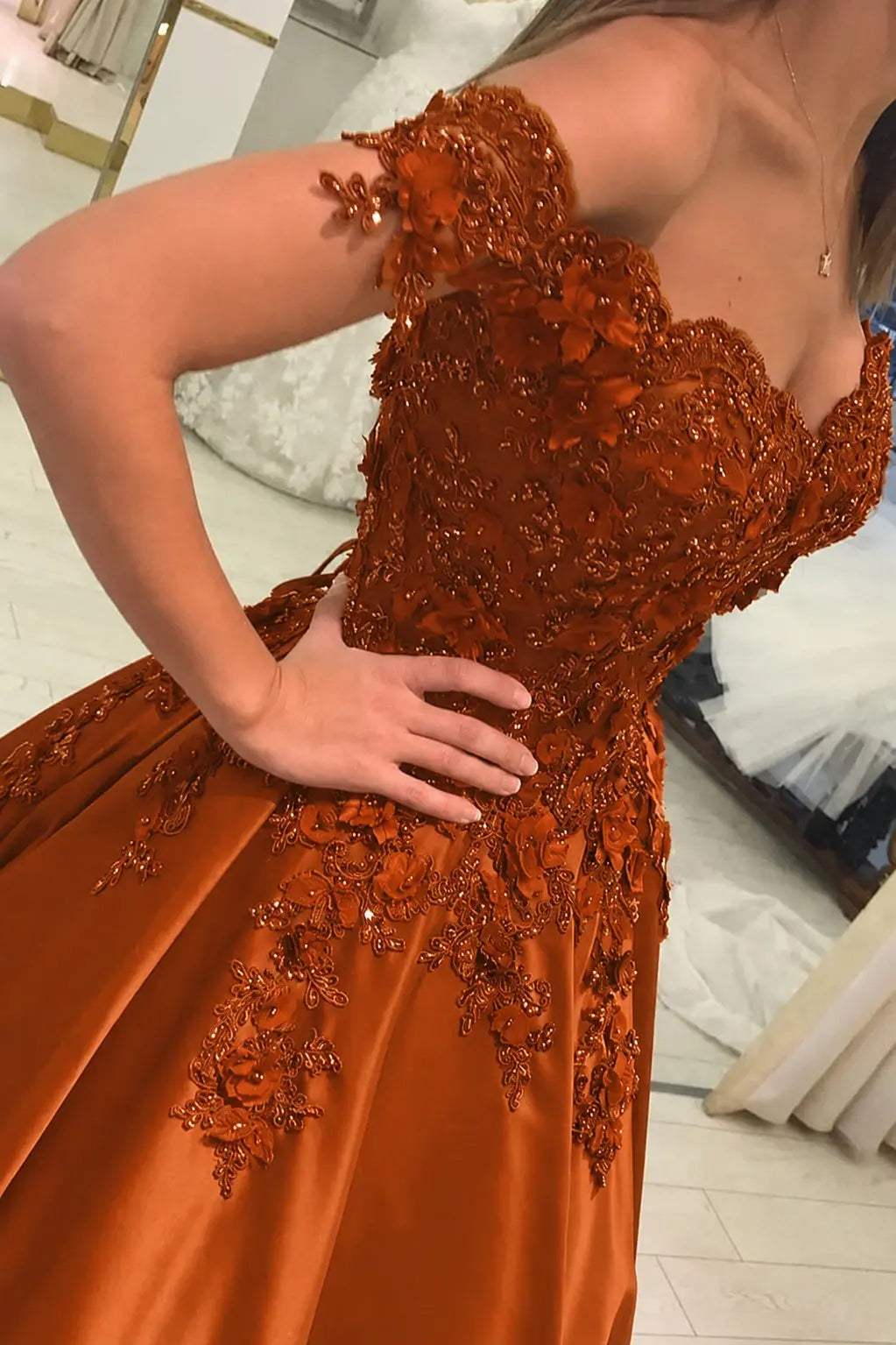 Appliqued Off-The-Shoulder Satin Princess Prom Dress With Beads