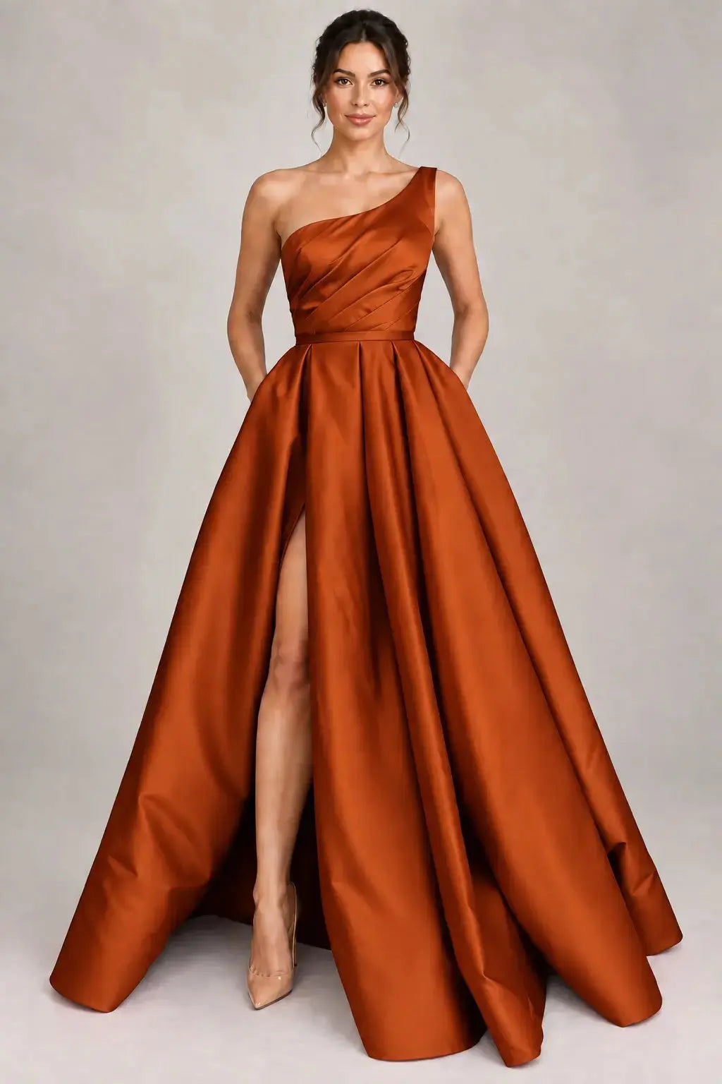 A-line Sleeveless One-Shoulder Long/Floor-Length Satin Prom Dress With Split Ruffles Pockets KAIDRESS