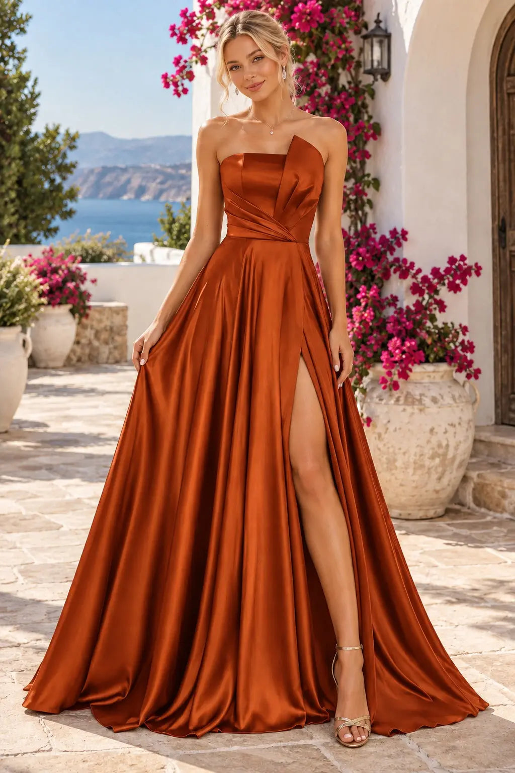A-line Satin Formal Long Simple Sleeveless Prom Dresses with Slit