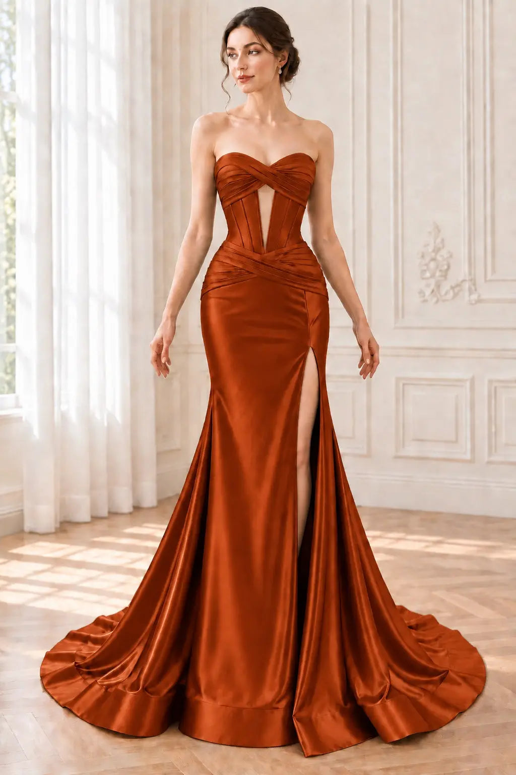 Green Silk Strapless Mermaid Prom Dresses Long Formal Evening Gown with Slit