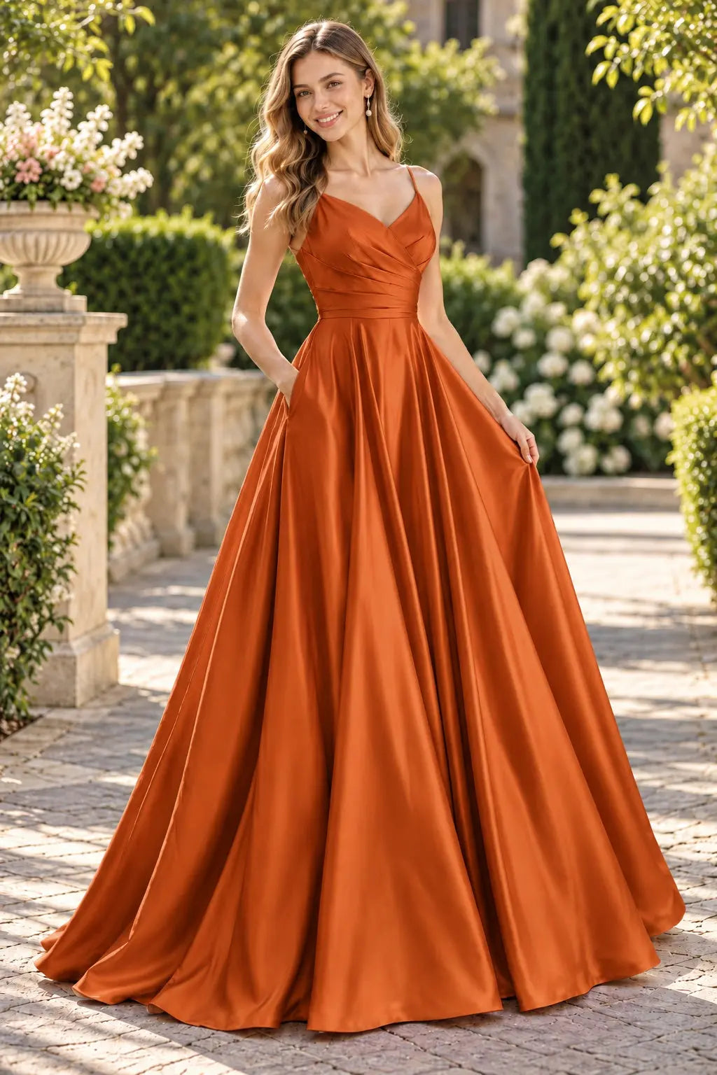 Pink Satin V-Neck A-Line Prom Dress with Side Pockets and Lace-Up Back