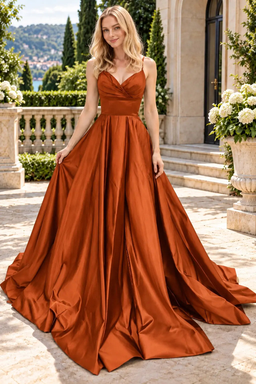 A-line V Neck Sleeveless Court Train Satin Prom Dresses With Bowknot Pleated Waistband
