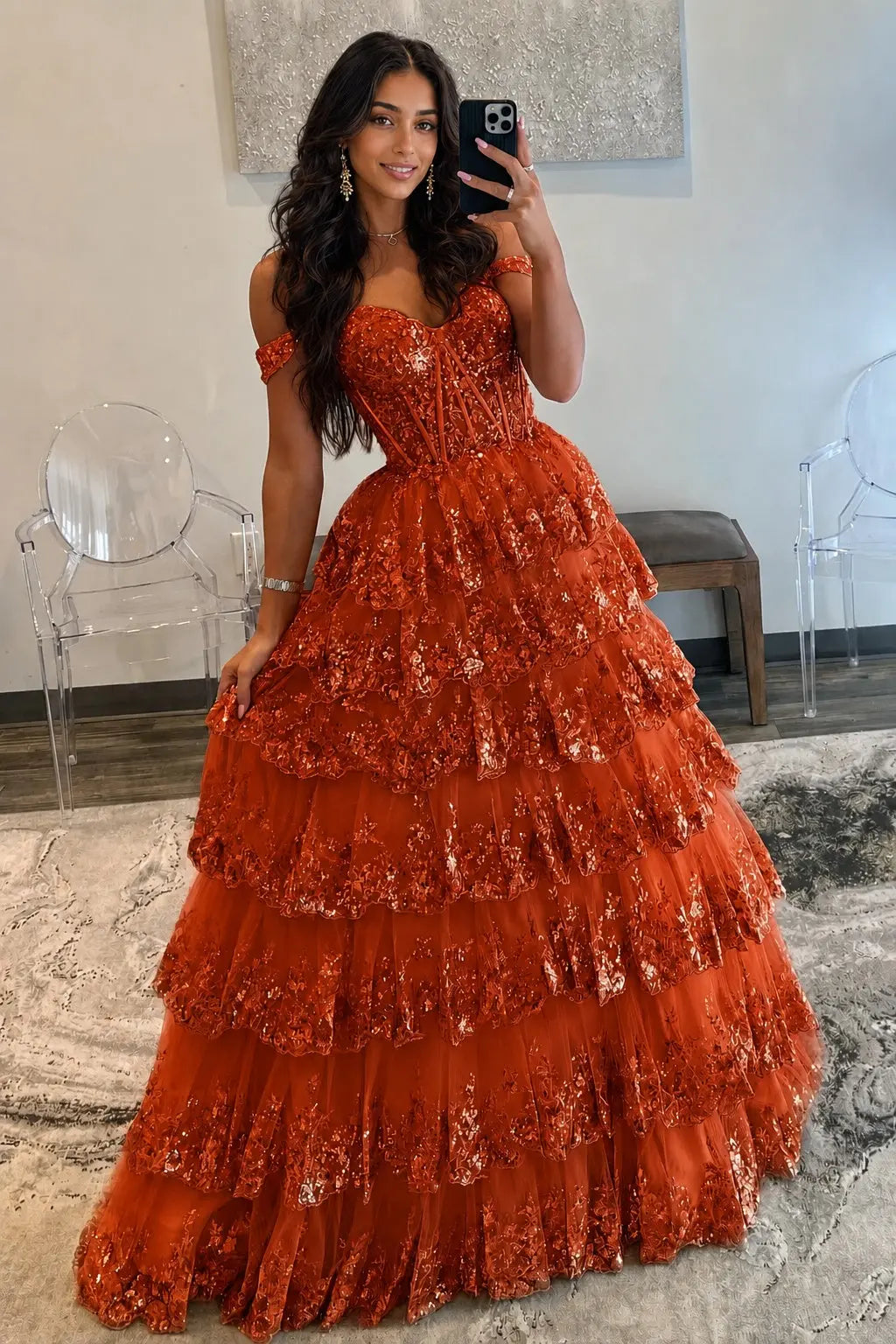A-Line/Princess Princess Off the Shoulder Sequined Lace Prom Dress KAIDRESS