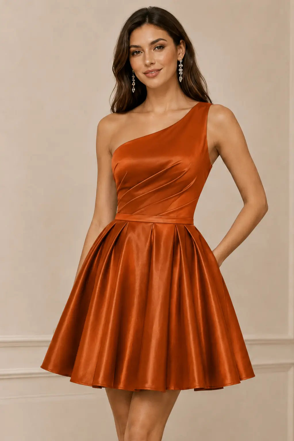 Green One Shoulder Satin Mini A Line Homecoming Dress With Pockets KAIDRESS