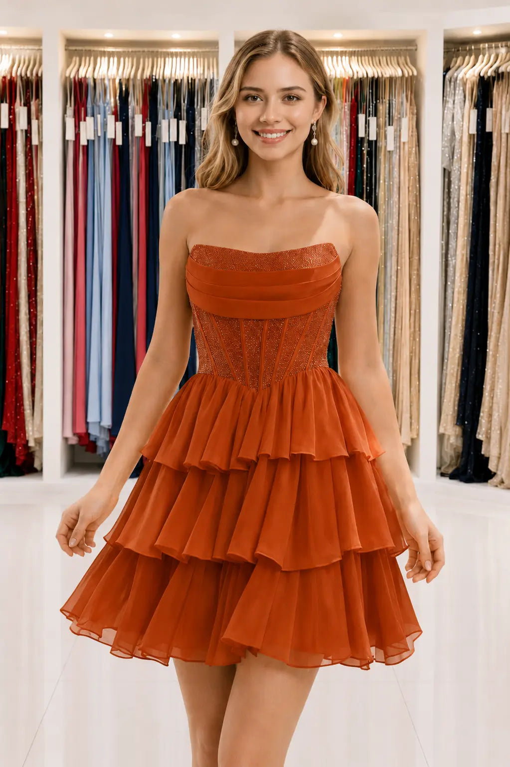 Daffodil Strapless Corset Tiered Ruffle Mini Homecoming Dress With Beading KAIDRESS