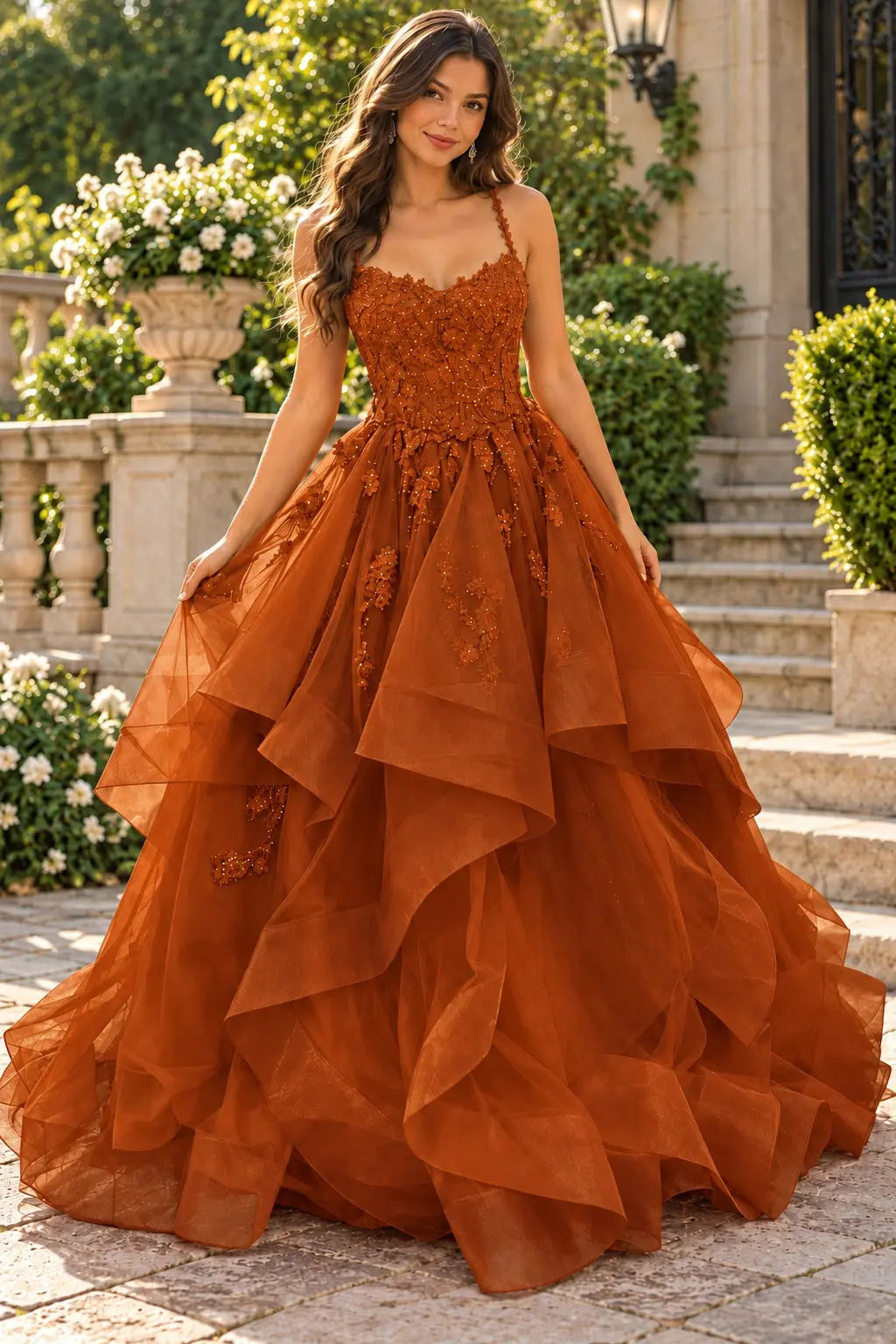 A-line Princess V Neck Floor-Length Tulle Prom Dresses with Appliqued