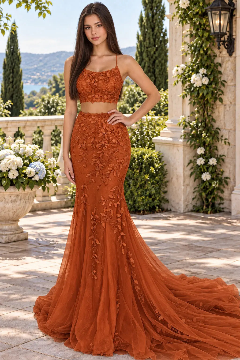 Trumpet/Mermaid Lace Two Piece Blue Prom Dresses Lace Sleeveless Evening Gowns