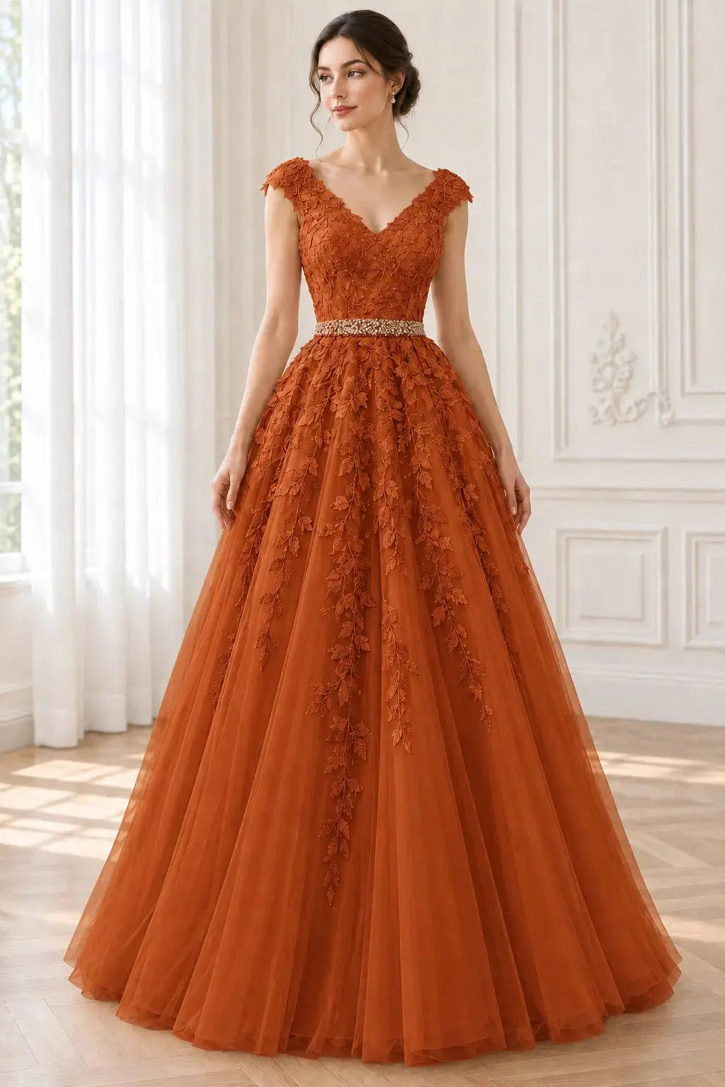 A-Line/Princess V-Neck Sleeveless Floor-Length Applique Tulle Prom Dresses KAIDRESS
