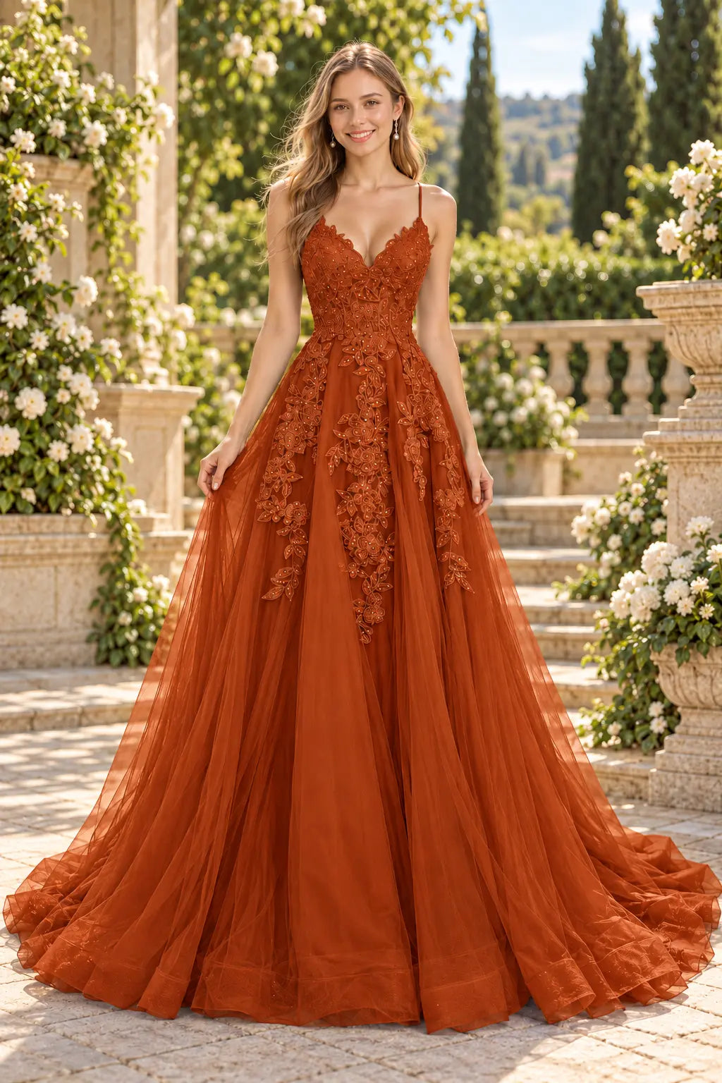 A-line V Neck Spaghetti Straps Sweep Train Tulle Prom Dress With Appliqued