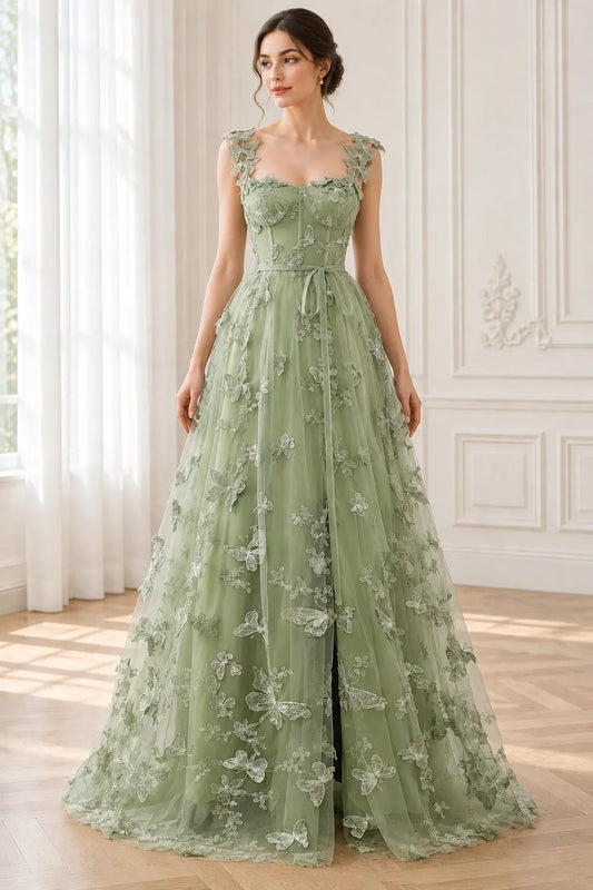 Sage Green 3D Butterfly Lace A-Line Prom Dress with Embellished Straps